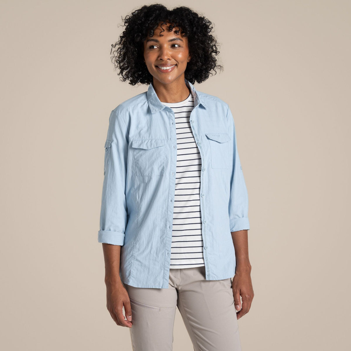 Woman wearing the Craghoppers Women's NosiLife Adventure Long Sleeved Shirt III